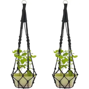 Boho Black Plant Hangers Set of 2 - Planter with Patterns, Cotton Rope Baskets for Indoor Plants, Bohemian Home Wall Art