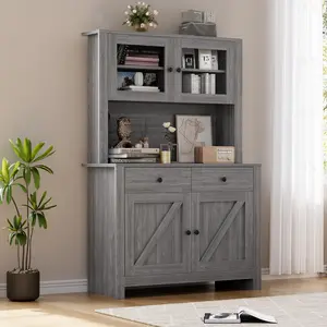 Kitchen Pantry Cabinet with Microwave Stand, Freestanding Hutch Cabinet with Buffet Cupboard and Adjustable Shelves, Tall Farmhouse Storage Cabinet for Kitchen Dining Room Home Bar, Engineered Wood Organizer in Multiple Colors