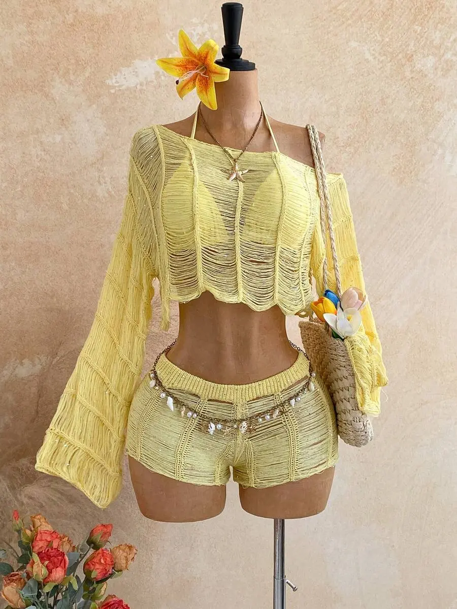 DAMIKA Yellow Off-Shoulder Long Sleeve Loose Knit Sweater & Low-Waist Midi Skirt 2 Pieces Set,Summer Casual Holiday Vacation Holiday Boho Vintage