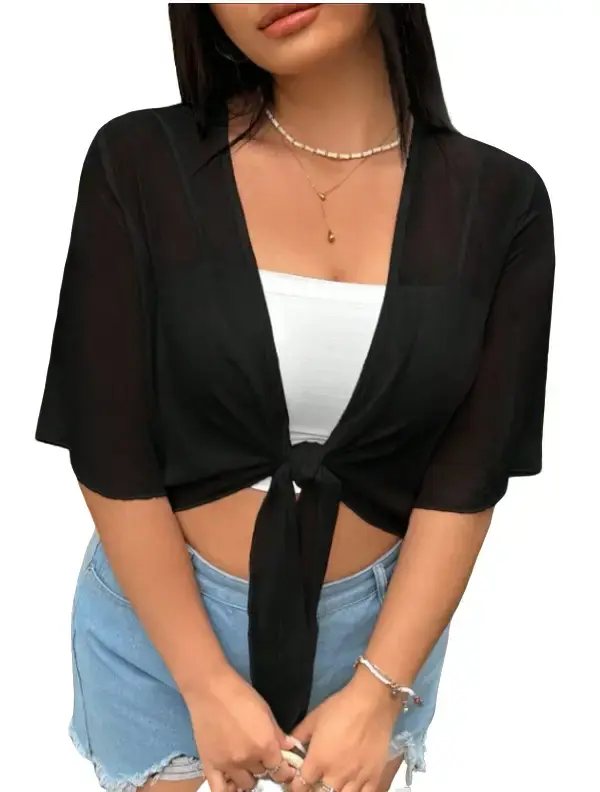 YF Women Plus Size 0XL-4XL Solid White Chiffon Tie Front Cropped Cardigan Half Flare Sleeve Open Front Sheer Short Cover Up Casual Summer Layering Top Minimalist Adjustable