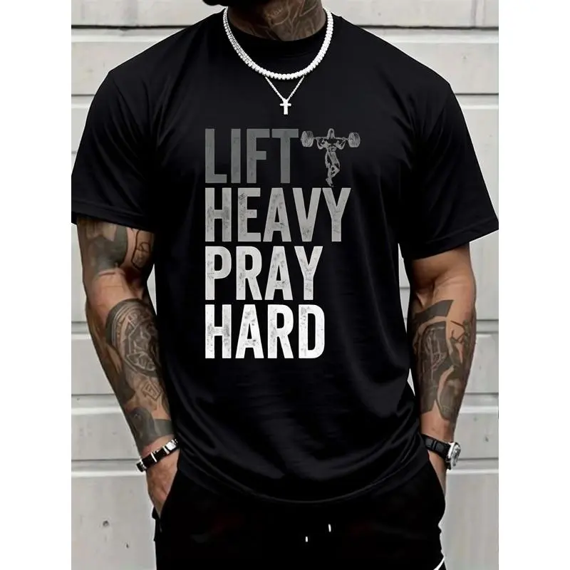 Men's "Lift Heavy Pray Hard" Graphic T-Shirt - 100% Cotton Short-Sleeve Crew Neck Christian Faith Top for Gym, Fashion Streetwear, Chic