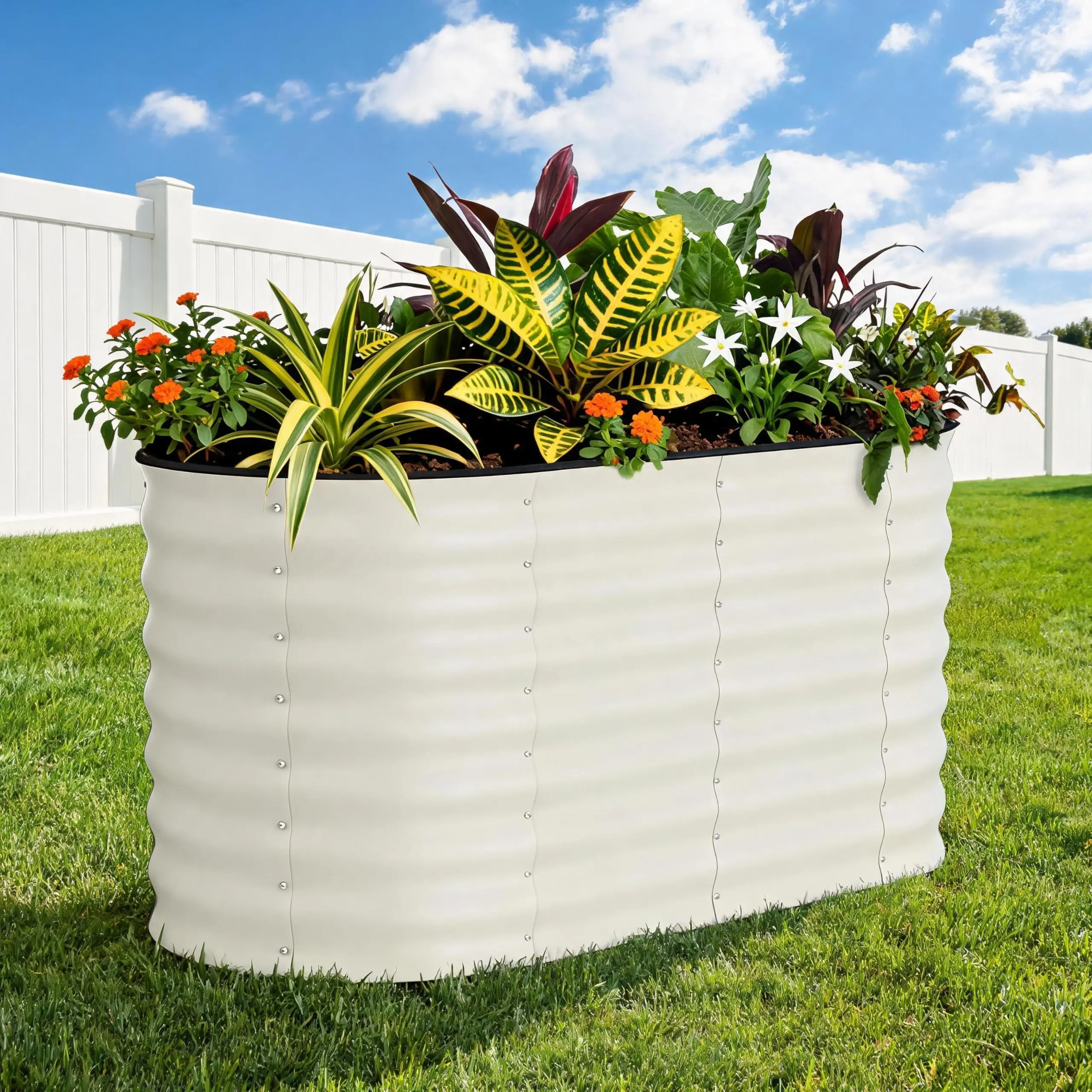 Oval Raised Garden Bed 4x2x2 ft, Color Steel Planter Box for Vegetables Flowers, Rust-Resistant Outdoor Raised Bed with Anti-Cut Strip, Easy Assembly Garden Box, Beige compact push mower electric drain roof sun shelter puncture-proof tire