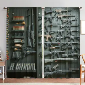 Gun Print Door Curtain, 1 Set Door Curtain with Hooks, Home Decor for Living Room Bedroom, Room Divider Curtain, Home Decor