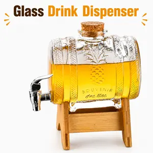 Arthink Pineapple Glass Drink Dispenser with Faucet and Wooden Stand, 1L Beverage Jugs for Serving Juice, Tea - Mid Year Sale Kitchenware Bar Server
