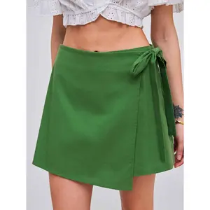 Cider [size 2-26] Linen-blend Mid Rise Solid Bowknot Mini Skort