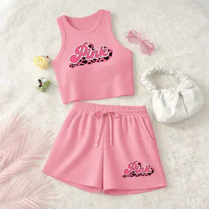 Women's Pink Leopard Print Sleeveless Tank Top And Drawstring Shorts Set, Casual Summer Sportswear Two Piece Outfit, Ribbed Knit Tank And Shorts Set For Everyday Wear