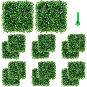 12 Packs 10"x10" Artificial Boxwood Hedges Mat with  Ties, Grass Wall Panels UV  Fence Screen Greenery Panel for Indoor & Outdoor Decor