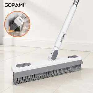 SOPAMI Adjustable Floor Scrub Brush with V-Shaped Bristles, 180° Rotating Tile Grout Cleaner with Squeegee, 3 Length Stainless Steel Handle, Multi-Surface Scrubber for Bathroom Tile, Marble, Sliding Track, Carpet, Toilet Edge Deep Cleaning