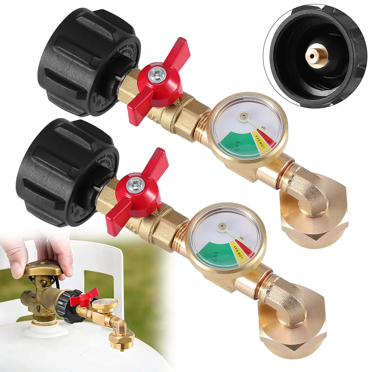 2-Count Heavy-Duty Propane Refill Adapter with 90° Elbow, Valve, Glow-in-the-Dark Gauge, Fits 1LB Gas Tank from 20-40LBS Tanks & 1-20 Female Throwaway Cylinder Thread, for Outdoor Camping/Grill, Men's Christmas Gift, 1Lb From 20-40Lbs Tanks