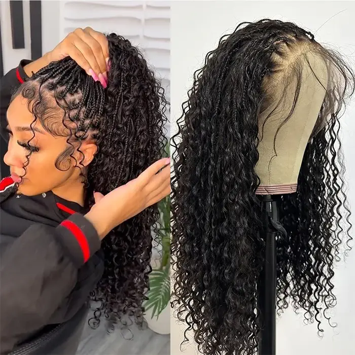 13x6 Boho Curls Braided Wigs Human Hair Lace Front Wig Pull Go Drawstring Cap HD Full Lace Frontal Wig Knotless Pre Cut Lace