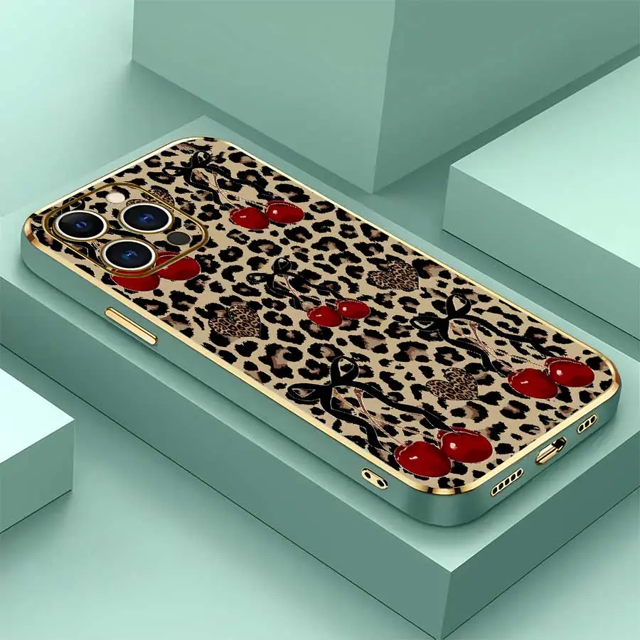 Shockproof Phone Case With Vintage Leopard Print Cherry & Black Bow Design, Exquisite Electroplated Gold Rim, Trendy Y2K Style Protective Cover, Compatible with iPhone 17 Pro Max,16,16 Plus,15,14,13,12, Ideal Gift for Birthday & Holiday
