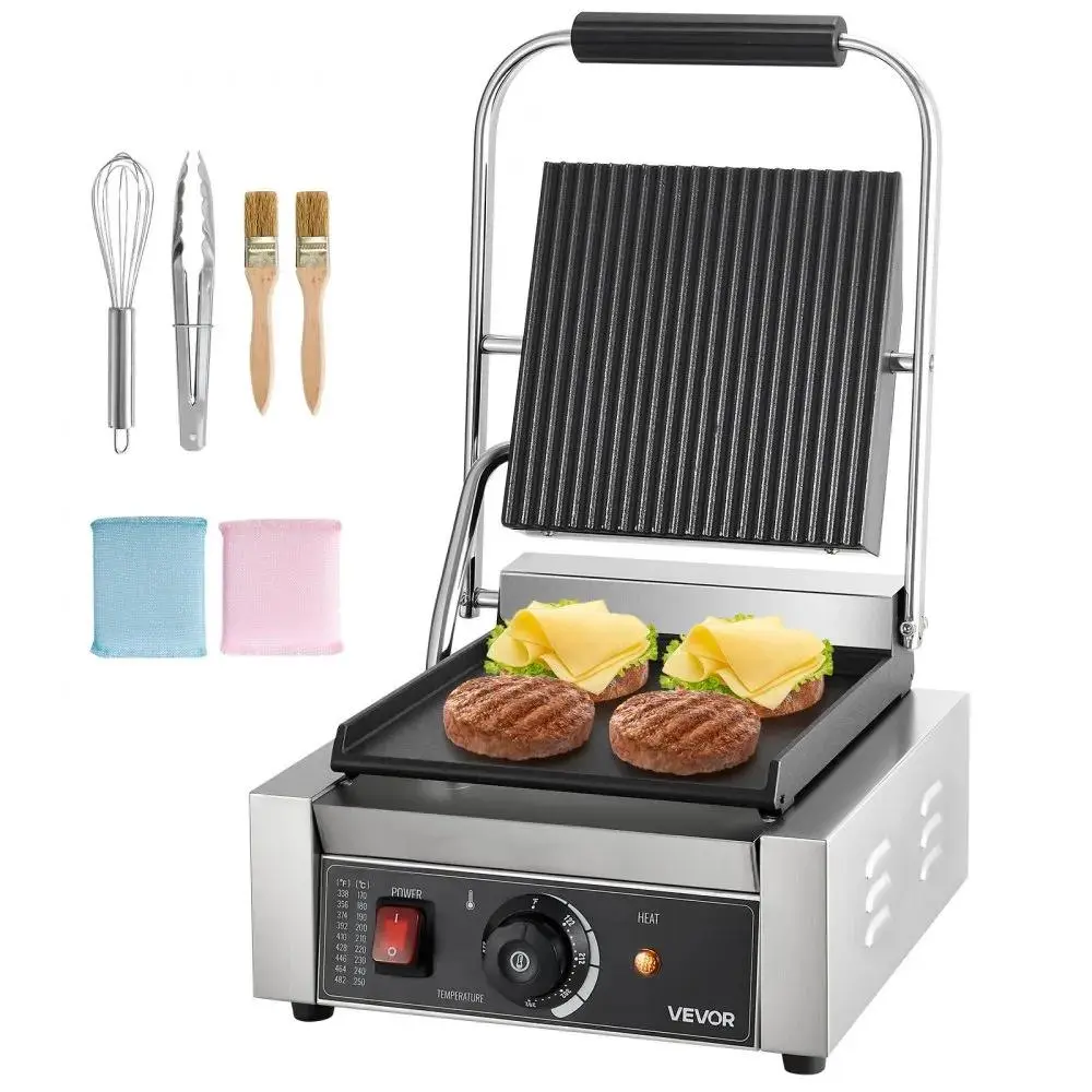 【Backtoschool】VEVOR 1800W Power Commercial Panini Grill, Adjustable Temp Control Electric Multi-Food Cooker, Stainless Steel Press with Handle, 8.8x9 in Flat Surface Enamel Plate, for Hamburger Steak Bacon, Led Light, Heating On Both Sides