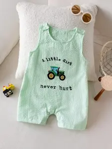 Baby Boy Striped Sleeveless Romper, Farm Style, Embroidered 'a Little Dirt Never Hurt' & Tractor Pattern, 0-2 Years, Sleeveless Onesies, Infant Jumpsuit, Baby Boy Clothes