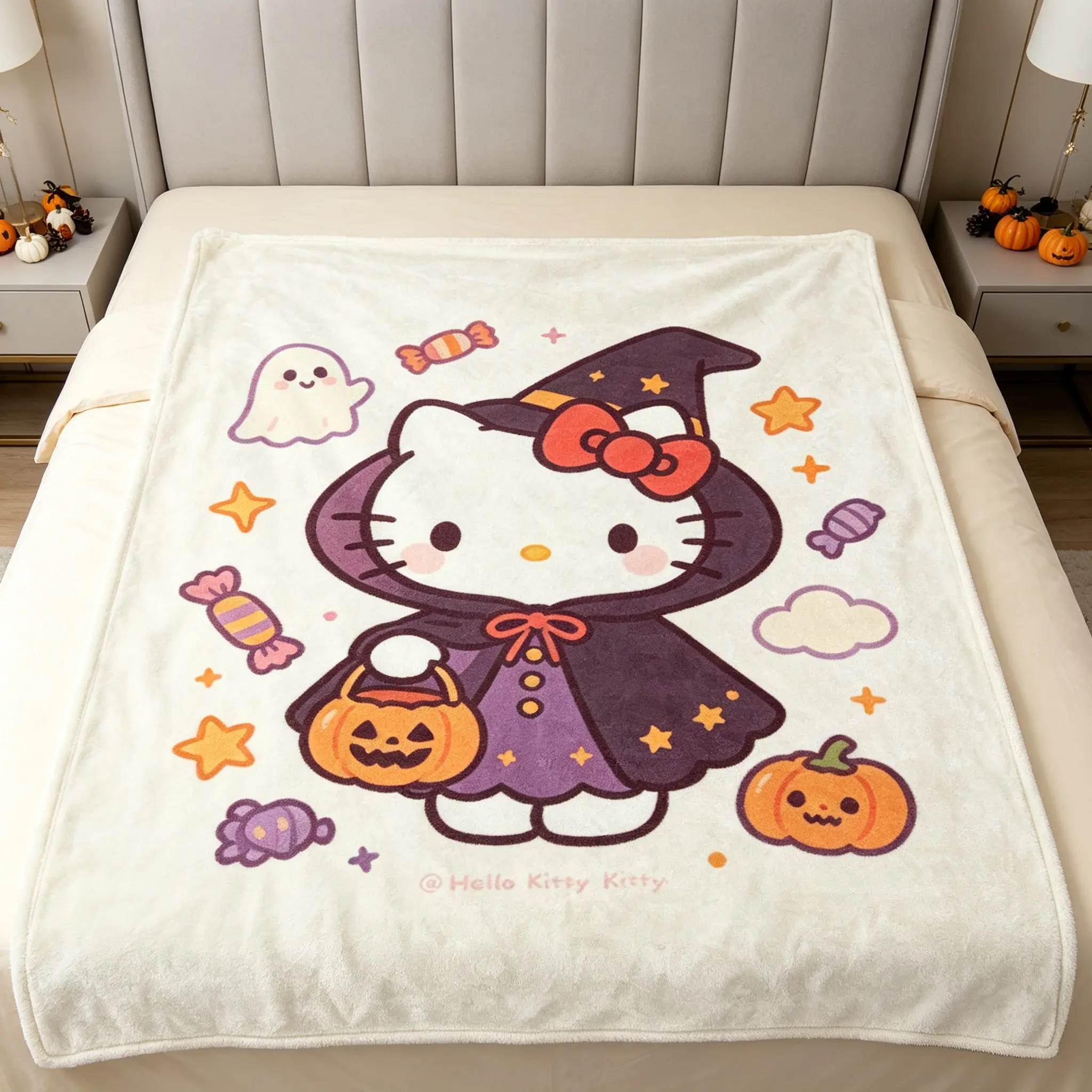 Sanrio Hello Kitty Halloween Blankets, Four Sizes Soft Flannel Throw Blanket for Bedroom Sofa Holiday Decor Gift