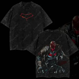 Superstyle Red Hood "Jason Todd" Robin Of The Dark Knight Hero verse Edition Double Printed Oversize Lightweight Acid Washed Tee TV Series Graphic Design Top Cotton Streetwear Comic Superheroes T-Shirt Clothes Menswear Womenswear Black Crewneck IYR YQE