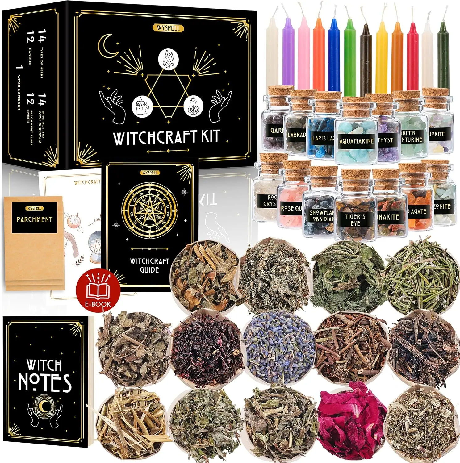 Wyspell Witchcraft Supplies Kit - 54PCS - Altar Spell Set - Witchy Gifts | Wiccan Supplies & Tools: Spell Candles, Dried Herbs, Healing Crystals in Jars, Parchment, Notebook, E-Guide - Beginners Kit