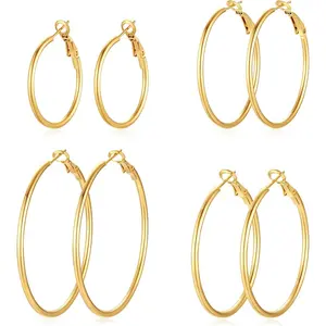 4 Pairs Silver Gold Hoop Earrings for Women | 14K Gold Plated Hoop Earrings Set Hypoallergenic Earring Lightweight Dangle Earrings Set