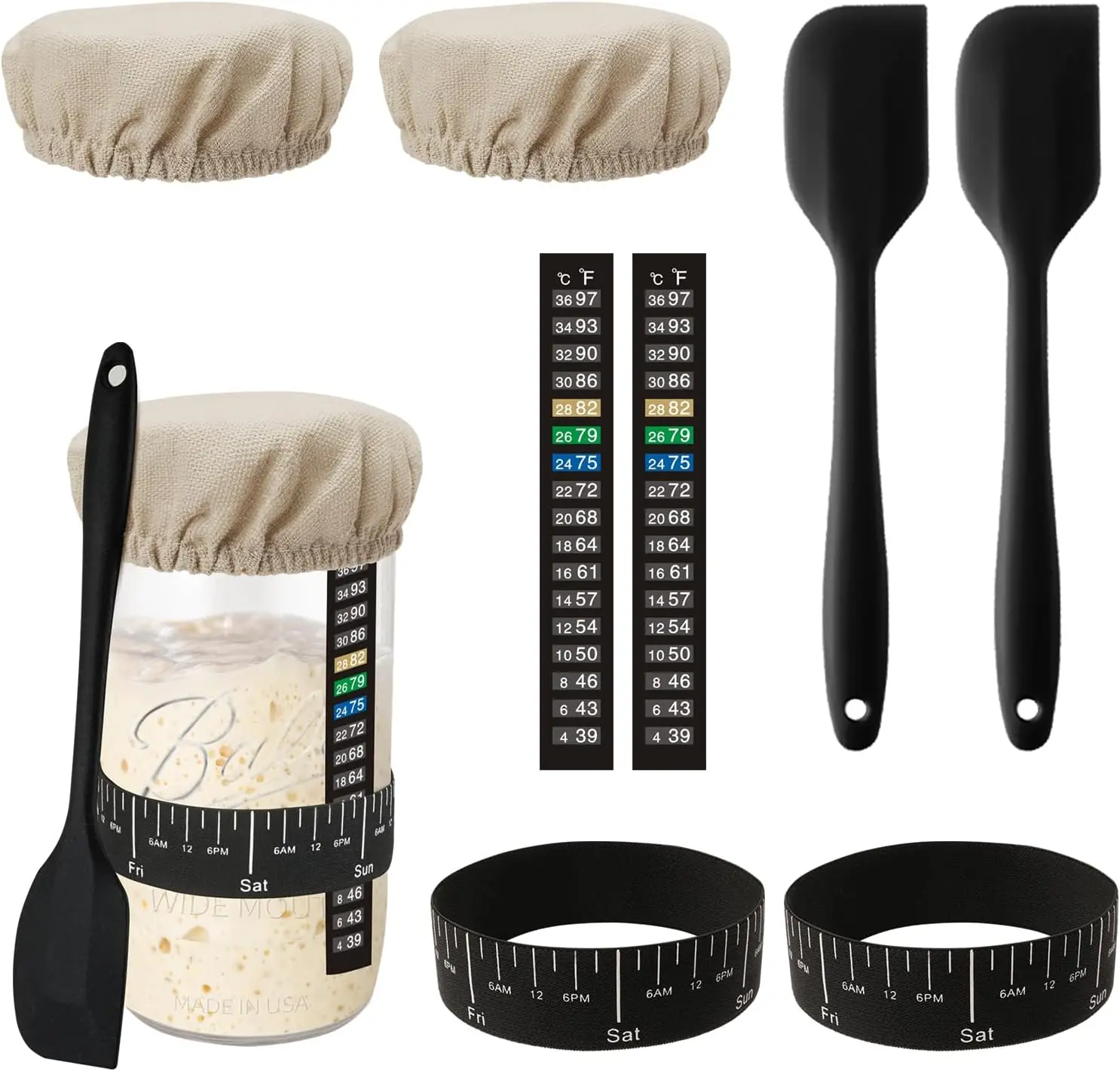 8 count Sourdough Starter Kit for Mason Jars of Wide-mouth Fits 3-3.5 Inch Diameter Jars Include 2 Cloth Covers, 2 Scrapers, 2 Temperature and Feeding Date Bands Bread Baking Supplies