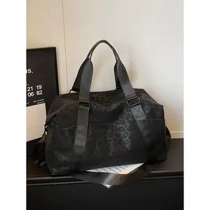 Lao Qianfeng Khaki Leopard Print Short Trip Bag Waterproof Nylon Large Capacity Luggage Bag Trolley-Compatible Commuter Gym Backpack for Students New Back-to-School Style