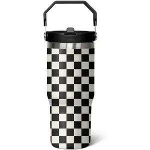 30 Oz Black and White Checkered Skinny Double Layer Insulated Flip Tumbler Mug, Reusable Leakproof Thermal Flask with Handle Lid and Straw, Portable Travel Coffee Water Bottle, Kitchenware Gift for Women