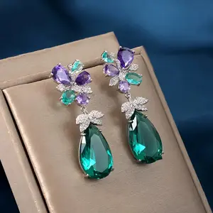 Women's Elegant Bohemian -Adorned Teardrop Dangle Earrings - Emerald Green, Blue, Purple & Clear Gemstone Statement Jewelry with White Plating,, Party & Casual Attire, Year-Round Versatile Dainty Drop Earrings for Women, Marquise-Cut Faceted Gemstones, Se