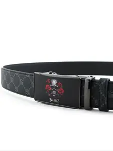 Men's Rose Skull Print Belt, Fashion Casual Waist Belt, PVC Adjustable Buckle Belt for Daily Clothing Decor, Trendy All-match & Exquisite Belt for Birthday Gift