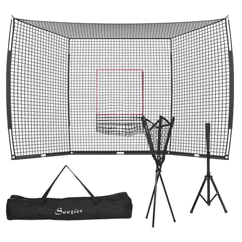 Soozier Tear-Resistant Baseball Batting Cage Set - Steel Frame Baseball/Softball Gear, 17'x5.5' Strike Zone, 7.5'x7' Catcher Net, Adjustable Tee, Ball Caddy, Compact Setup Travel Bag, Shock-Absorbing, Tripod Base, Outdoor Use, Portable