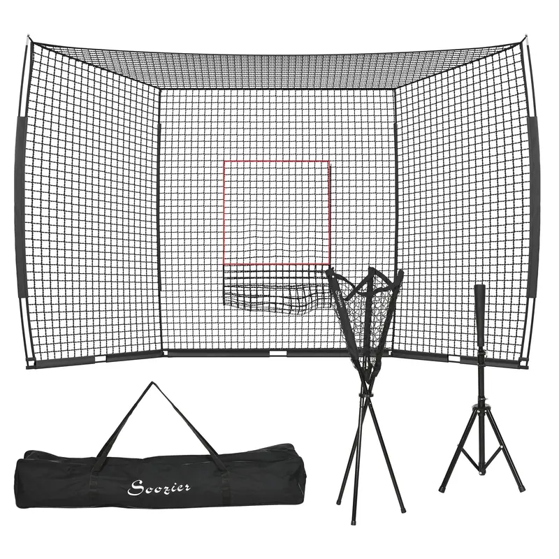 Soozier Tear-Resistant Baseball Batting Cage Set - Steel Frame Baseball/Softball Gear, 17'x5.5' Strike Zone, 7.5'x7' Catcher Net, Adjustable Tee, Ball Caddy, Compact Setup Travel Bag, Shock-Absorbing, Tripod Base, Outdoor Use, Portable