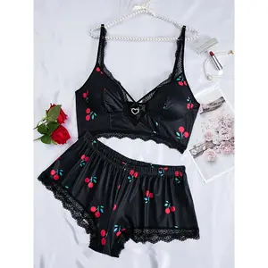 Women's Plus Naughty Lingerie Set, Plus Size Cherry Print Contrast Lace Heart Ring Detail Bra & Panty Lingerie 2 Piece Set