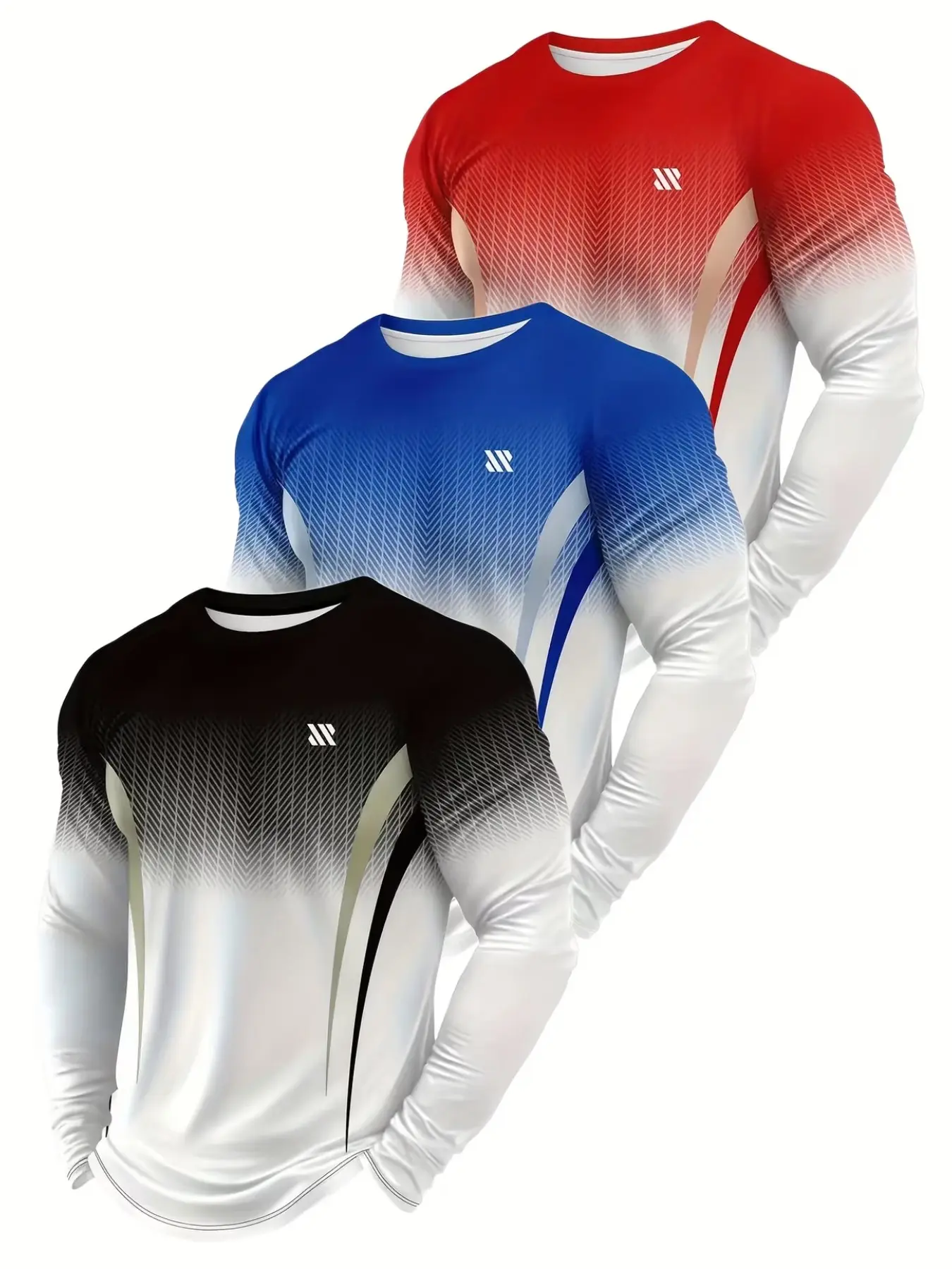 3-Pack Breathable Men's Long Sleeve T-Shirts, Geometric Pattern, Ideal for Gym, Running, Casual Wear, Lightweight, Durable, Athletic Tee, Casual Sports Tops, Casual Fitness Wear, Athletic Apparel, Casual Workout Tops