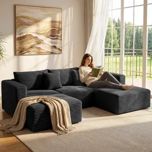 110" U-Shaped Modern Chenille Boneless Cloud Sectional Couch Set with Pure Compression Sponge, Black Indoor Living Room Couch, 3-Package Shipping, Hidden Storage