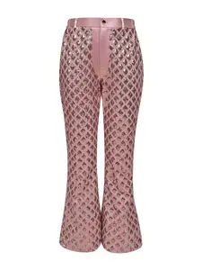 [Silvery Grid Pants] Men's Silvery Grid Sequin Flared Bell Bottom Pants Waistband Party Club Stage Performance Disco Trousers