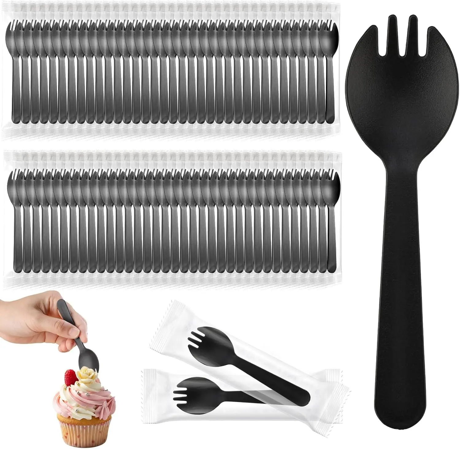 200 Pcs Individually Wrapped Mini Plastic Sporks, Black 4.3" 2-in-1 | Heavy-duty 4.3" plastic sporks. Individually wrapped for hygiene. 2-in-1 spoon and fork for desserts, parties, and takeout
