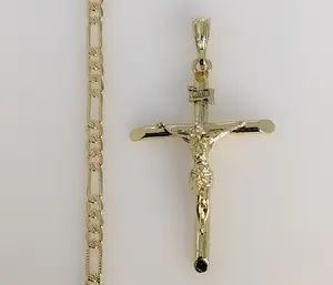 Plated Medium Cross 4mm 14K Diamond Cut Figaro Chain Necklace