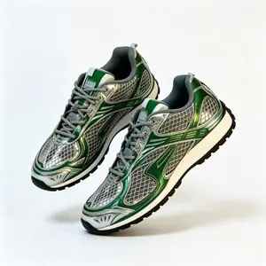 Viral Green Silver Retro Dad Sneakers, Metallic Mesh 90s/00s Style Running Shoes, Comfortable Breathable Casual Footwear for Street Style & Everyday Use
