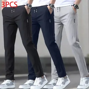 Men’s straight-leg casual pants with a tailored fit, made from a polyester–elastane blend fabric, featuring an elastic waistband with drawstring, mid-rise design, and side pockets—suitable for outdoor activities and everyday wear.