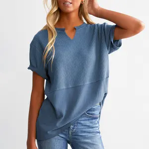Shewin 2026 Spring/Summer Cozy Oversized Waffle Knit V-Neck Top Women's Short Sleeve Pullover Winter Layering Plus Size for Daily Wear Beach Tee