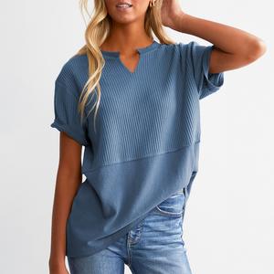 Shewin Summer Outfit Women's Notch Split V Neck Waffle Knit Tunic Top Rolled Cuff Short Sleeve Color Block Patchwork Loose Fit Casual Top DealsForYouDays