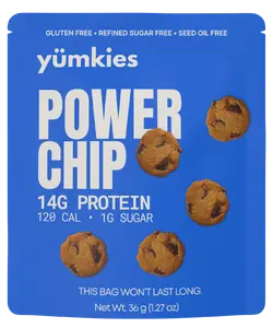 Yumkies POWER CHIP Soft-baked, gluten-free protein mini cookies with 14g protein, 120 calories, and 1g sugar. Keto friendly. High Protein. 1g net carb. Refined sugar free. Seed oil free.