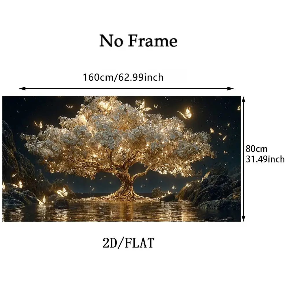 2D Flat Frameless Large Canvas Art Print - Elegant Glowing Trees, Butterflies in Starry Night, Modern Home Decor for Living Rooms, Bedrooms, Dining Rooms, Geometric Graphic Art, Ideal Housewarming Gift