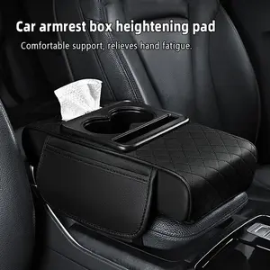 2026 New Multifunctional Pu Leather Car Armrest Box Mat, Universal 5-in-1 Center Console Cover with 2 Storage Bags Cup Holder, Tissue Box Slot, Phone Slot, Car Armrest Storage Boxs (Black)