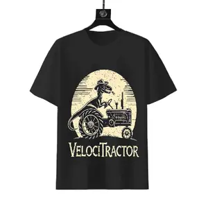 Vintage VelociTractor Raptor Driving Tractor Graphic T-shirt, Funny Dinosaur Farmer Western Style Unisex Cotton Tee For Farm Lovers Dino Fans Casual Daily Wear