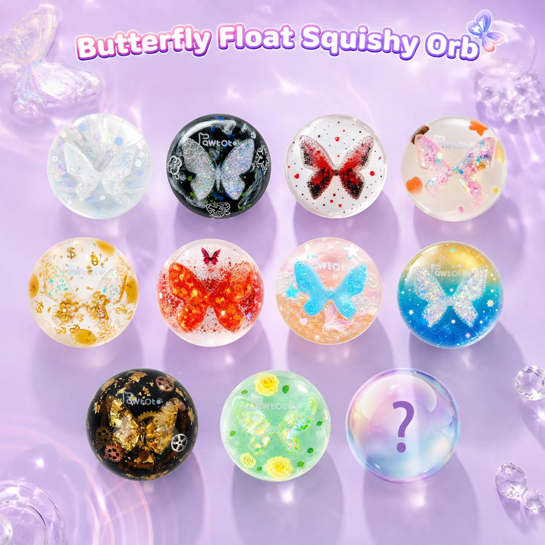 Pawtoto Blind Box Butterfly Float Orb - Handmade Food-Grade Silicon Squishy Toy, Sensory Decompression Squeeze Stress Ball, Collectibles for Above 12, 1:70 Secret Pull #Summervibes, Squishy Toys