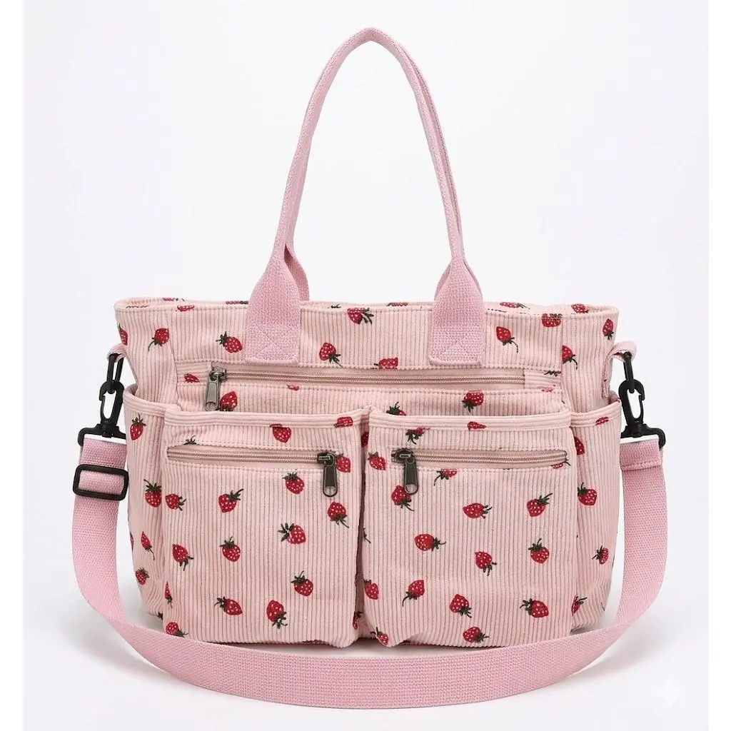 The Ultimate Carryall Large Capacity Corduroy Diaper Bag with Strawberry Print Stylish 2026 Multi-functional Tote for Moms Work School Tote zipper bag
