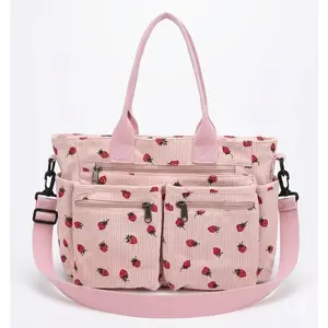 The Ultimate Carryall Large Capacity Corduroy Diaper Bag with Strawberry Print Stylish 2026 Multi-functional Tote for Moms Work School Tote zipper bag