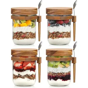 4 Pack Overnight Oats Containers with Wooden Lids and Spoons, 16oz Glass Mason Overnight Oats Jars with Lids, Large Capacity Airtight Jars for Milk, Cereal, Fruit