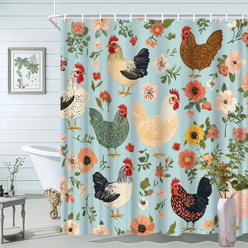 Animal Themed Polyester Waterproof Shower Curtain - Floral Print & Chicken Motif, Includes Plastic Hooks, Gift Idea for Cozy Home Bathroom Supplies Setup