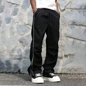 Men's Black Athletic Pants Spring & Fall American Streetwear Loose Straight Leg Versatile Striped Casual Trousers