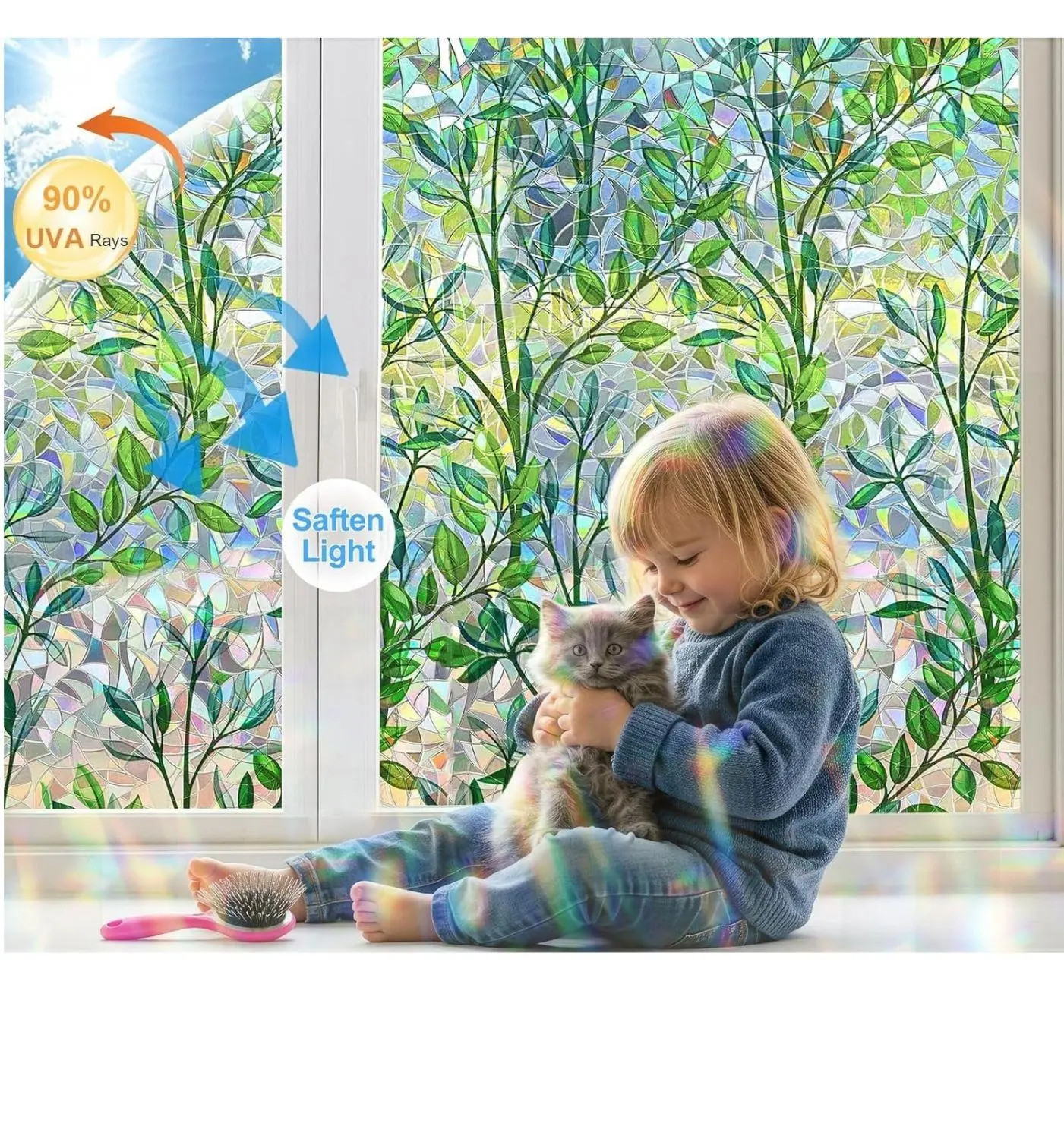 Window Privacy Film Stain Glass Window Film Rainbow Window Film Window clings Non-Adhesive Reusable Decorative for Room (Leaf Rainbow, 17.5 X 78.7 in)