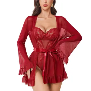 Avidlove Women Lingerie Set 2 Piece Sheer Kimono Robe with Lace Teddy Lingerie Bodysuit